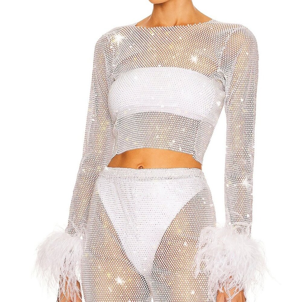 New Santa Brands Feathers Top in White mesh crystal medium / large